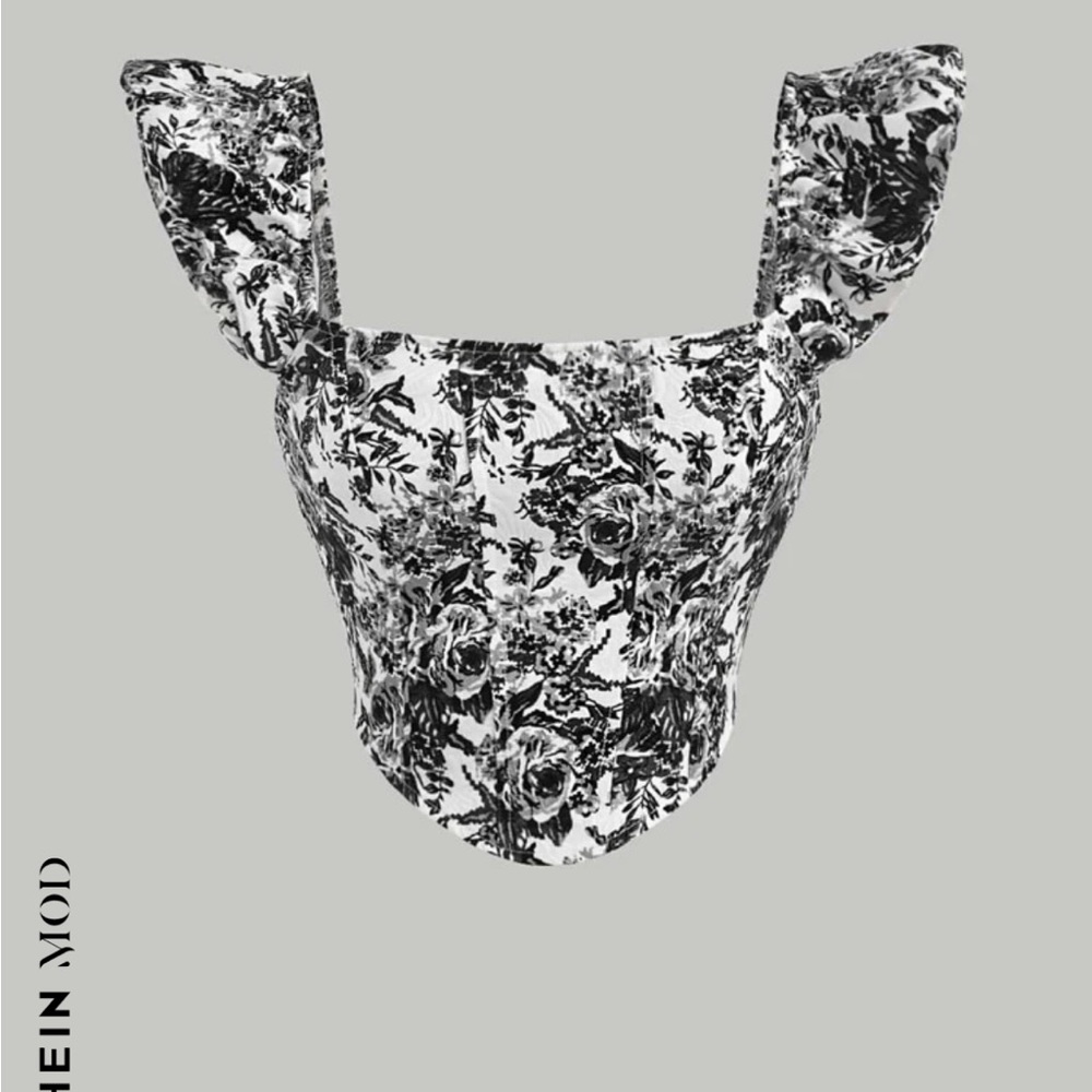 Black and white floral print ruffle crop top